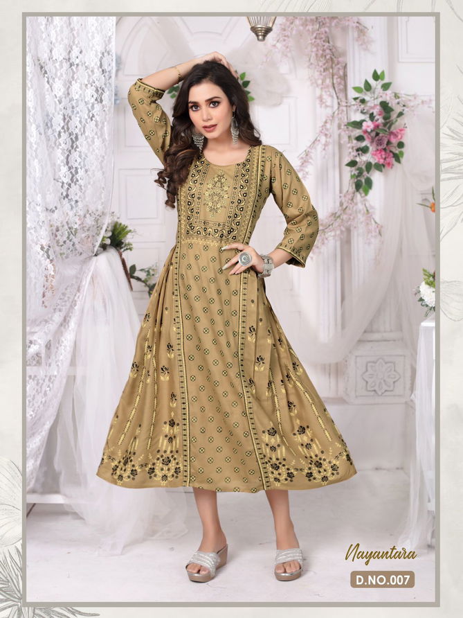 Ft Golden Nayantara Rayon Printed Long Kurti Catalog
